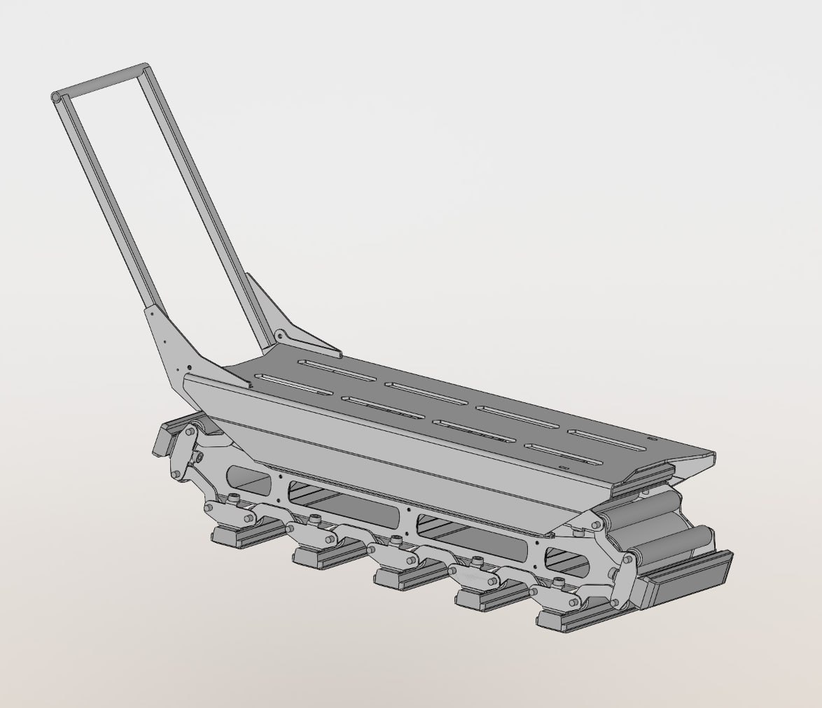 SolidWorks 3D CAD model of a fabricated trolley